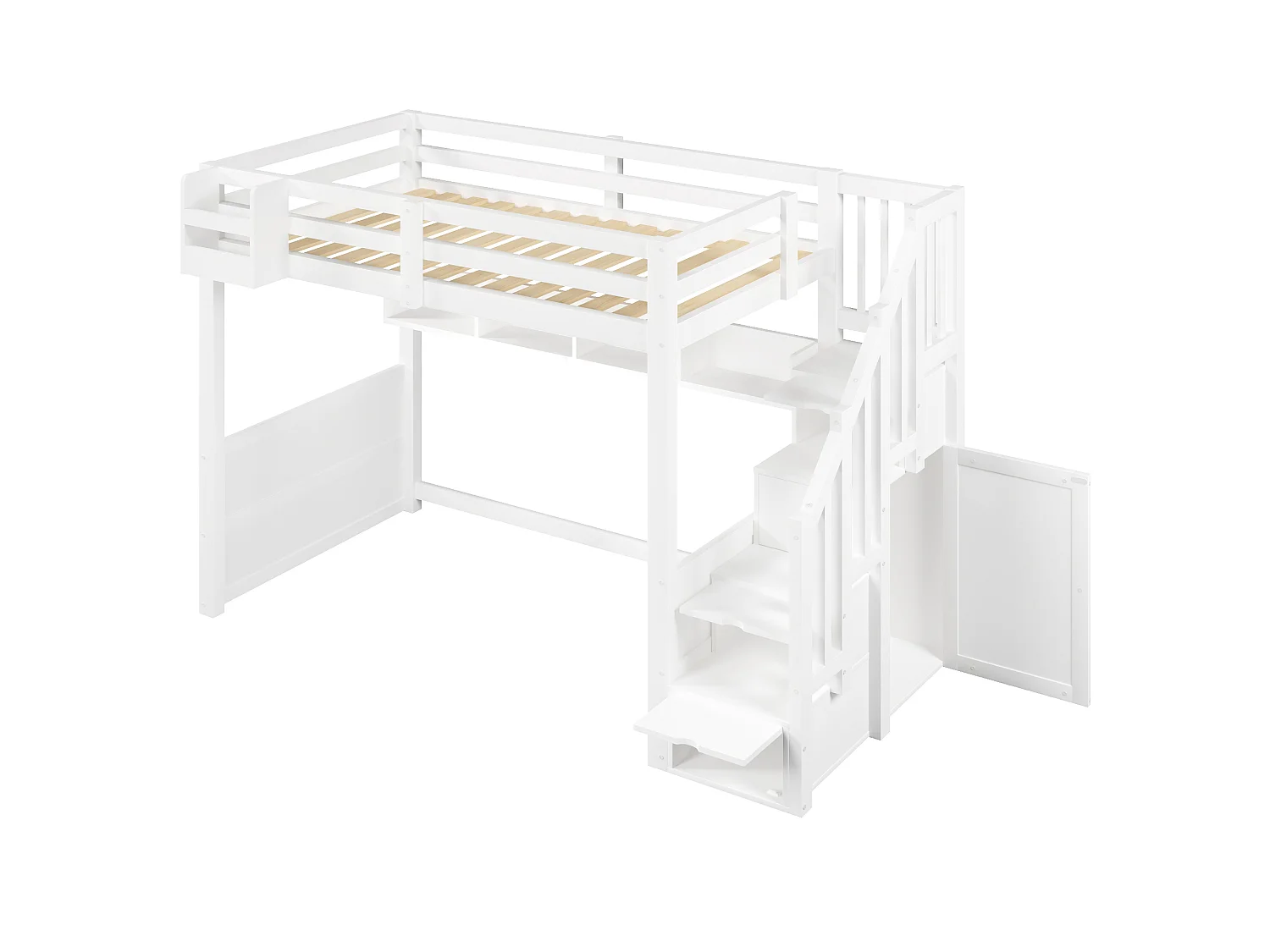 Lit mezzanine en bois 90x200 cm - avec échelle de rangement et penderie - Éclairage LED - Barrière de sécurité - Blanc (sans matelas)