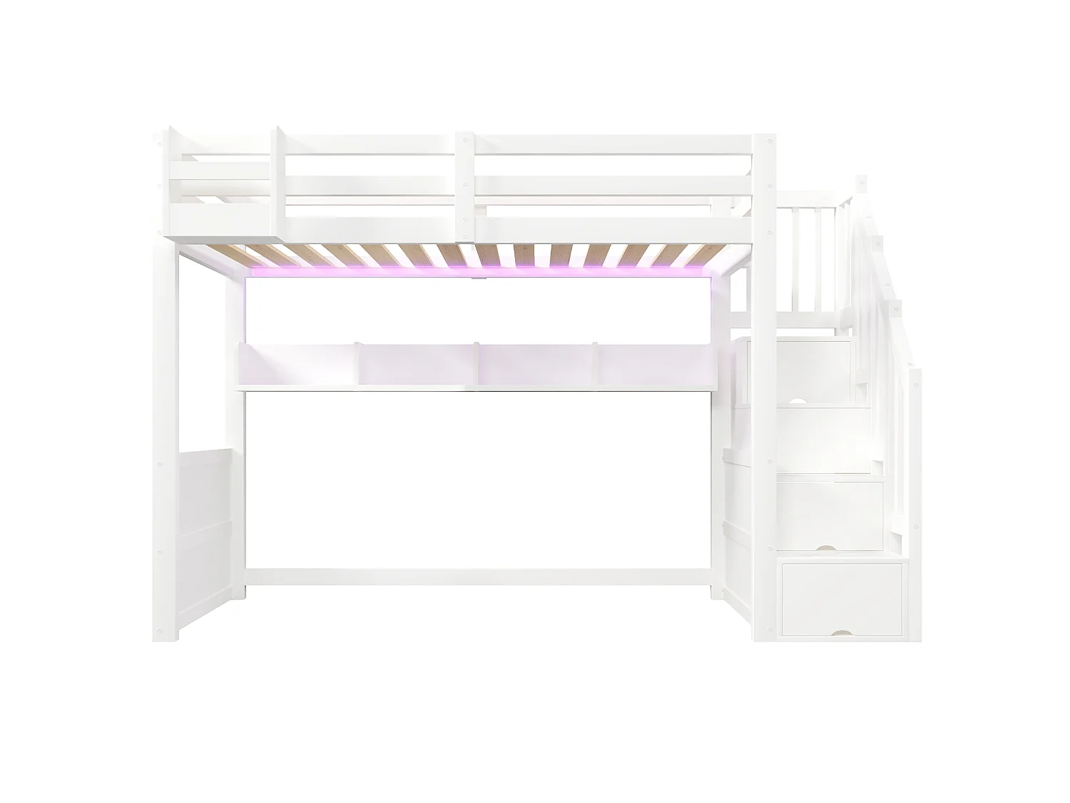 Lit mezzanine en bois 90x200 cm - avec échelle de rangement et penderie - Éclairage LED - Barrière de sécurité - Blanc (sans matelas)