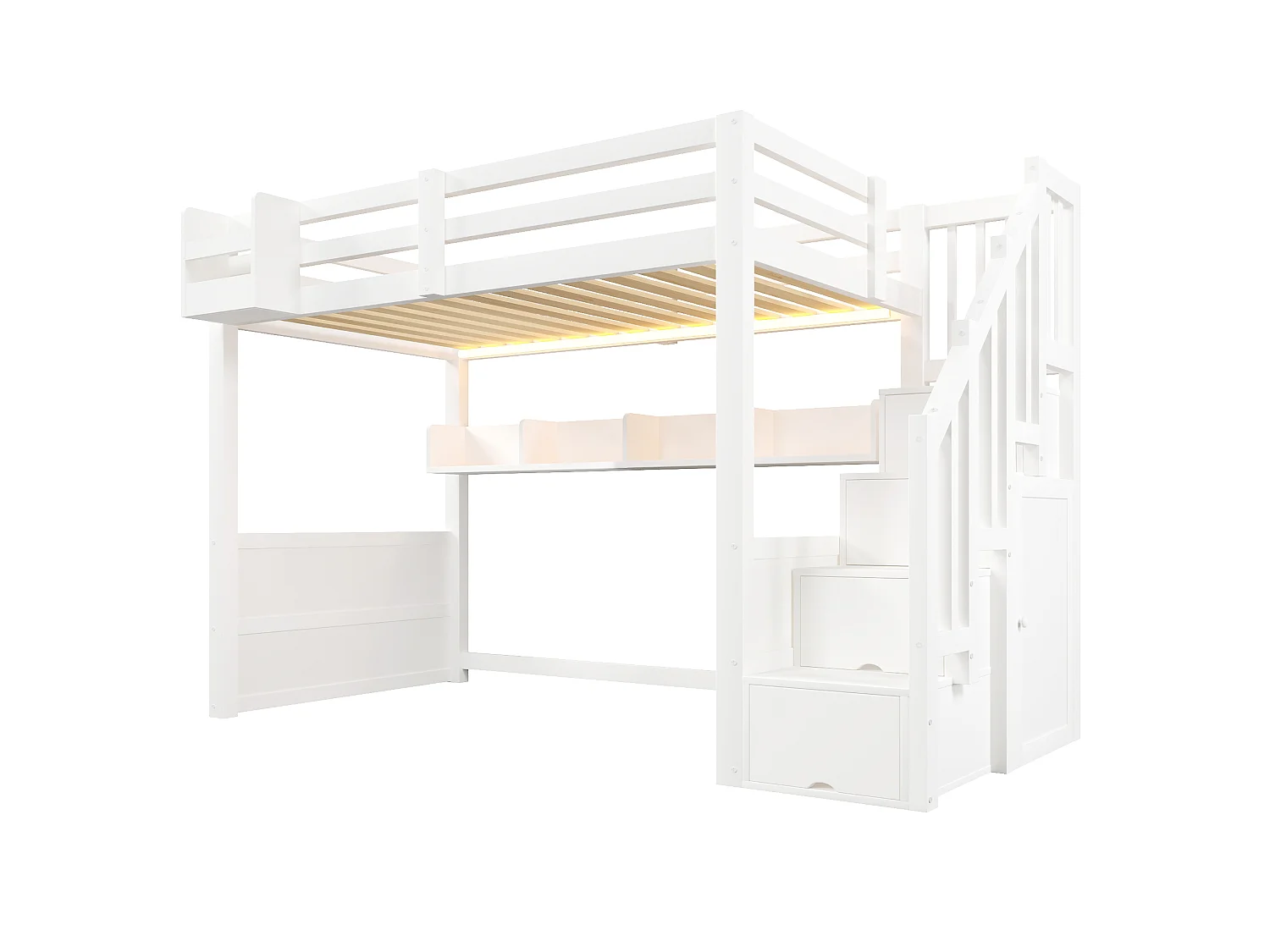 Lit mezzanine en bois 90x200 cm - avec échelle de rangement et penderie - Éclairage LED - Barrière de sécurité - Blanc (sans matelas)