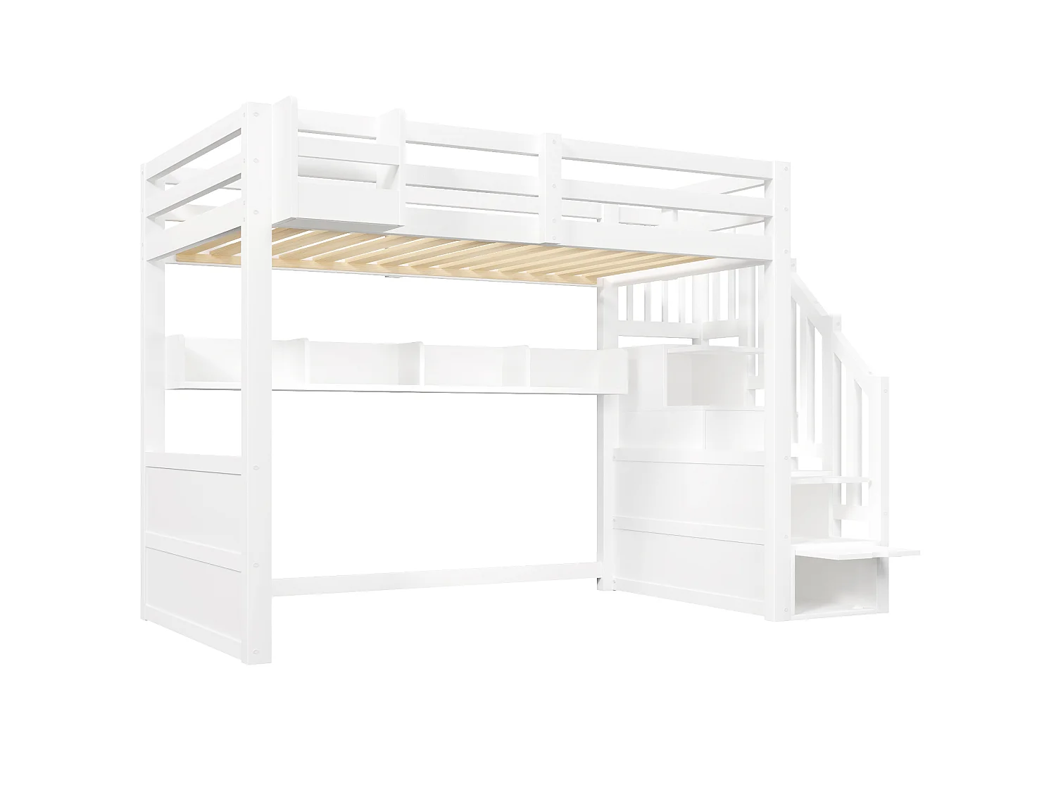 Lit mezzanine en bois 90x200 cm - avec échelle de rangement et penderie - Éclairage LED - Barrière de sécurité - Blanc (sans matelas)
