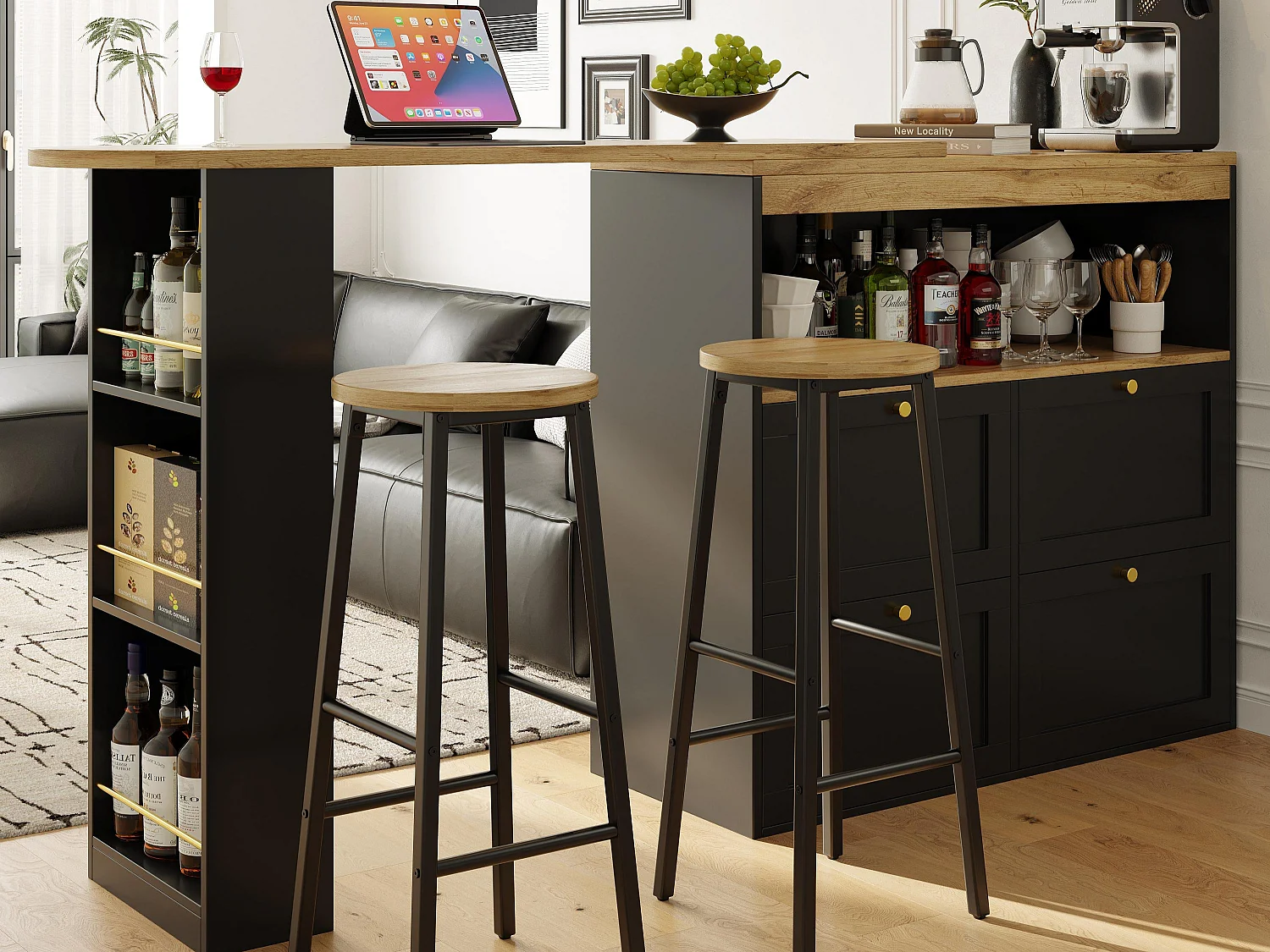 Tabouret de Bar pour Îlot de Cuisine - Lot de 2, 70cm, Structure Métal Blanc, Assise Aspect Bois, Repose-Pieds, Pieds Réglables - Noir