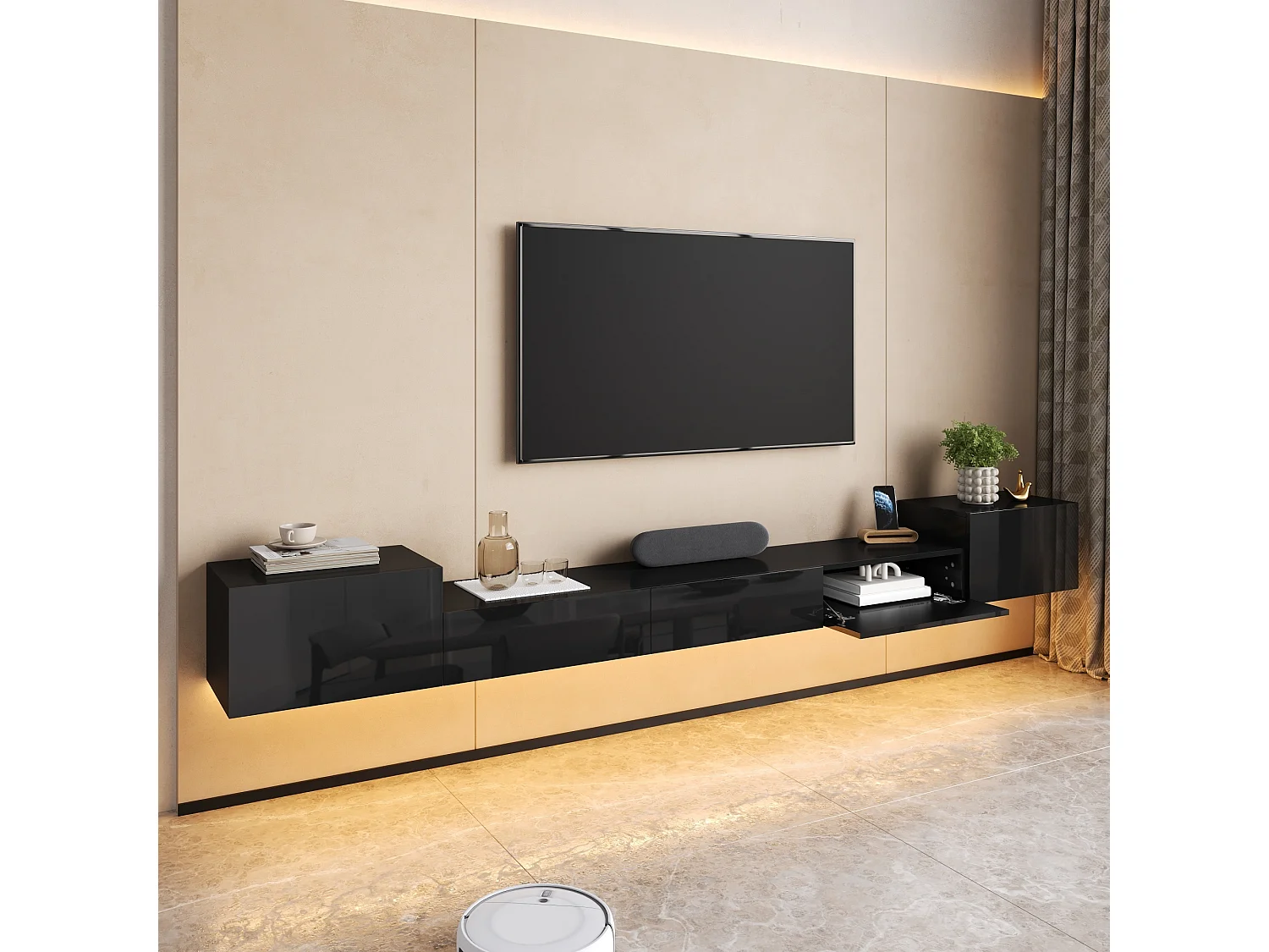 Väggmonterad TV-möbel 245 x 30 x 26 cm - 5 dörrar - LED-belysning - Blank finish - MDF - Svart