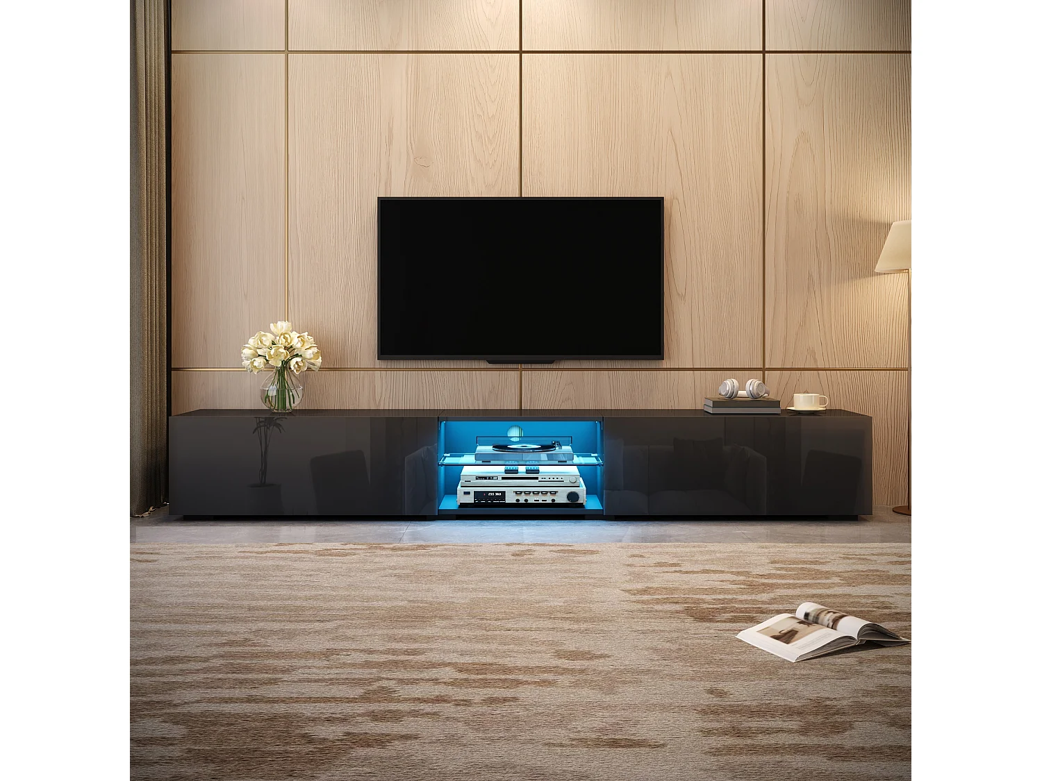 TV-möbel 200x30x30 cm - 2 blanklackerade dörrar - Inbyggd LED-belysning - Genomskinlig hylla - MDF - Svart