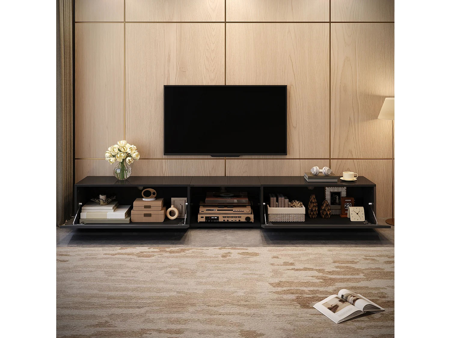 TV-möbel 200x30x30 cm - 2 blanklackerade dörrar - Inbyggd LED-belysning - Genomskinlig hylla - MDF - Svart