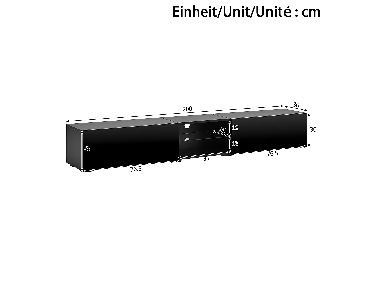 TV-möbel 200x30x30 cm - 2 blanklackerade dörrar - Inbyggd LED-belysning - Genomskinlig hylla - MDF - Svart