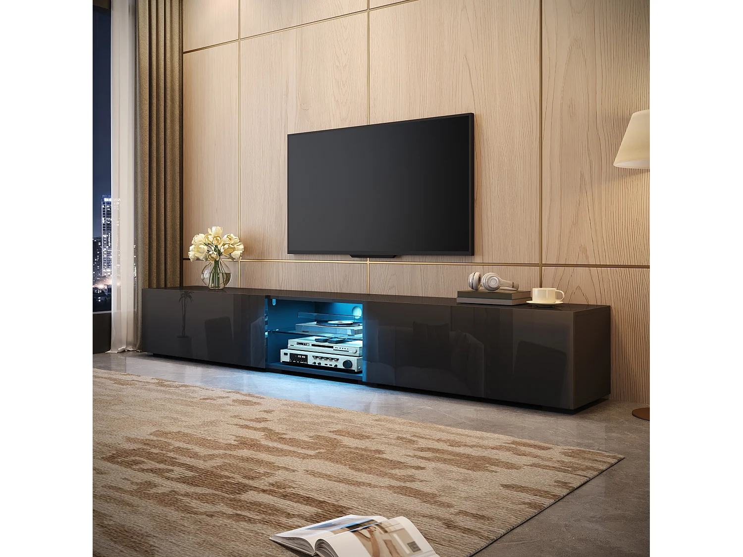 TV-möbel 200x30x30 cm - 2 blanklackerade dörrar - Inbyggd LED-belysning - Genomskinlig hylla - MDF - Svart