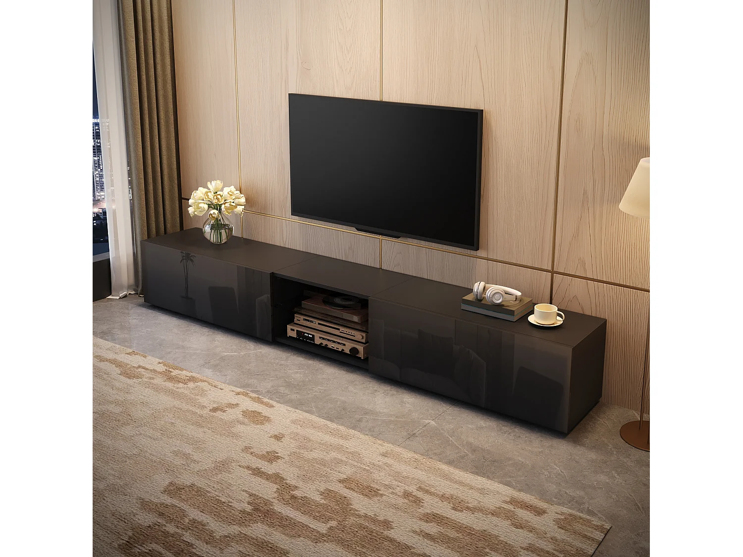 TV-möbel 200x30x30 cm - 2 blanklackerade dörrar - Inbyggd LED-belysning - Genomskinlig hylla - MDF - Svart
