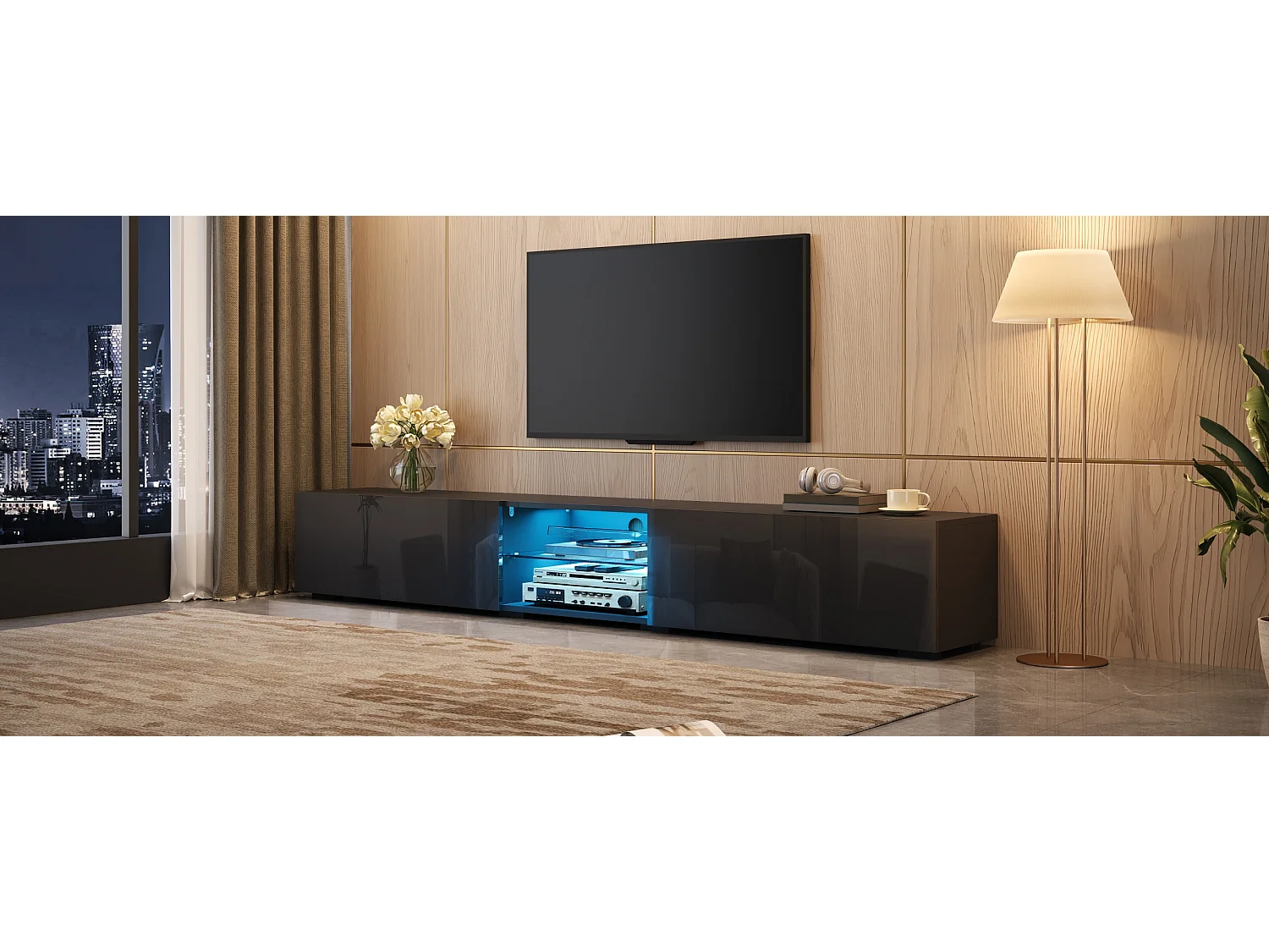 TV-möbel 200x30x30 cm - 2 blanklackerade dörrar - Inbyggd LED-belysning - Genomskinlig hylla - MDF - Svart