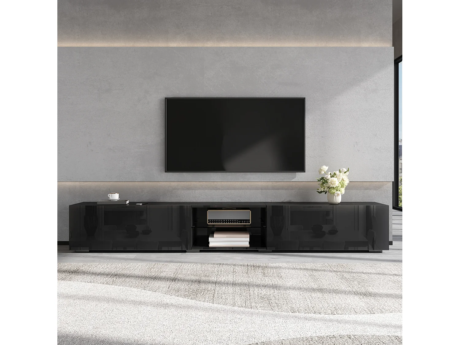 TV-möbel 200x30x30 cm - 2 blanklackerade dörrar - Inbyggd LED-belysning - Genomskinlig hylla - MDF - Svart