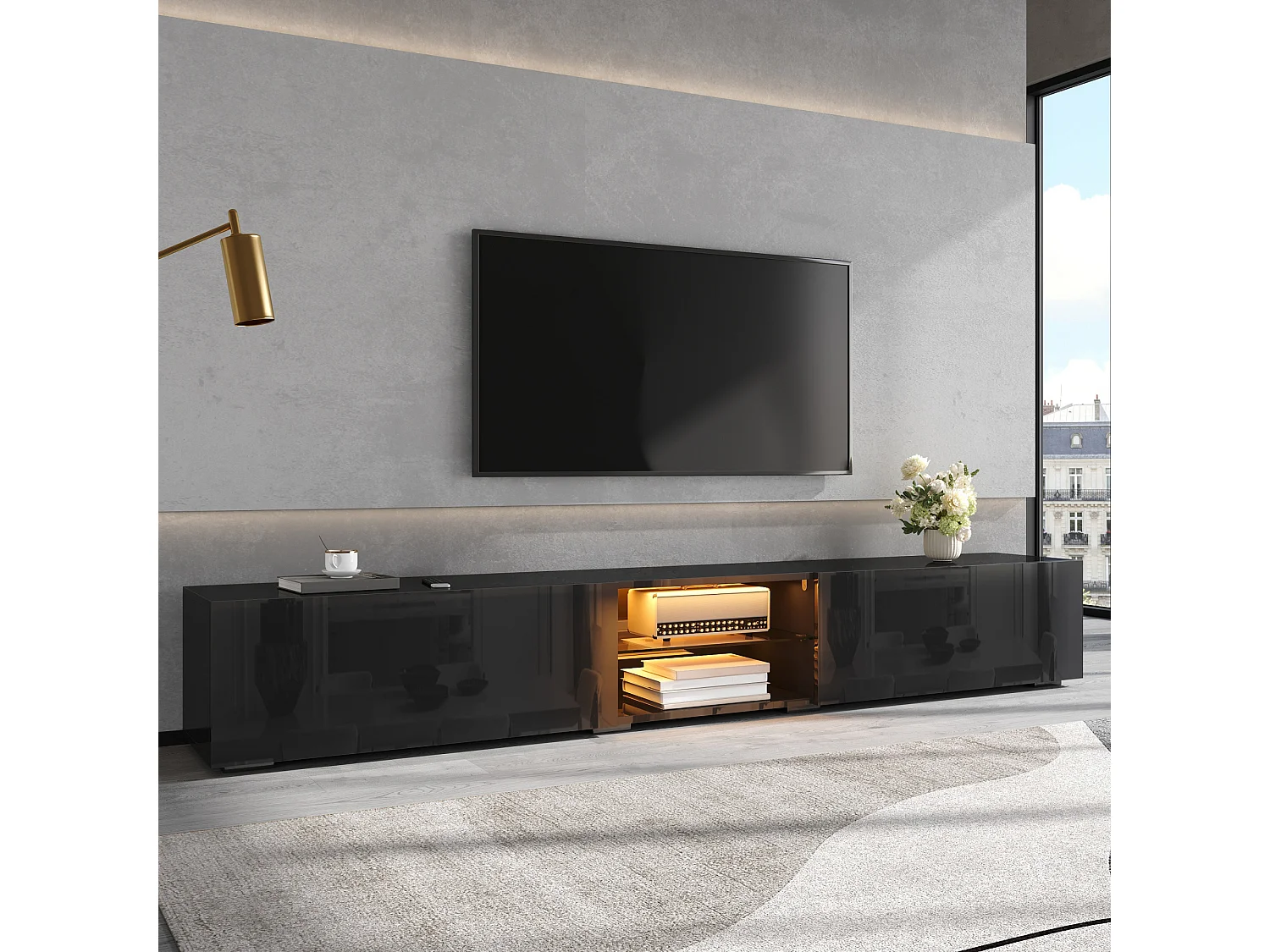 TV-möbel 200x30x30 cm - 2 blanklackerade dörrar - Inbyggd LED-belysning - Genomskinlig hylla - MDF - Svart