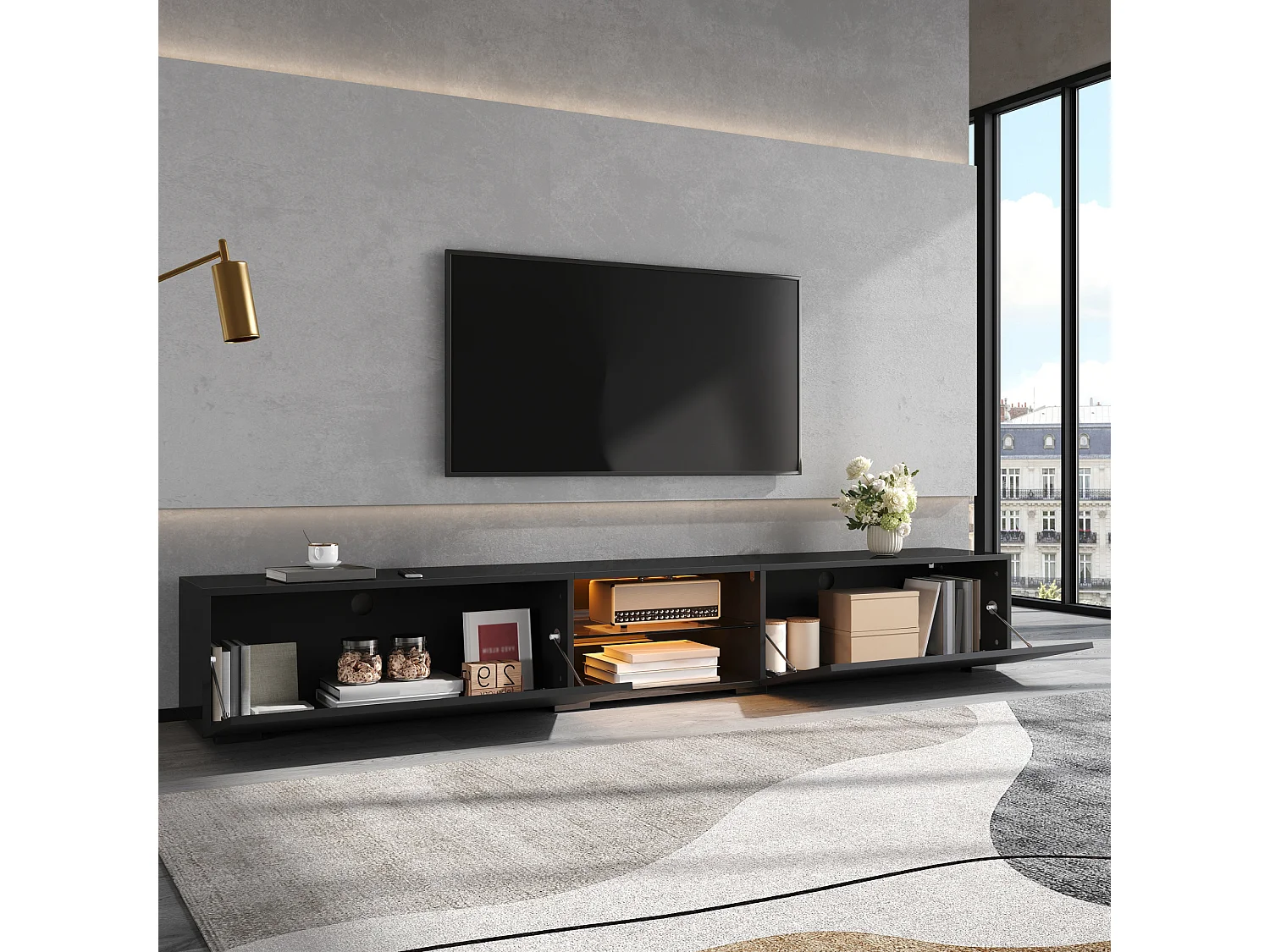 TV-möbel 200x30x30 cm - 2 blanklackerade dörrar - Inbyggd LED-belysning - Genomskinlig hylla - MDF - Svart