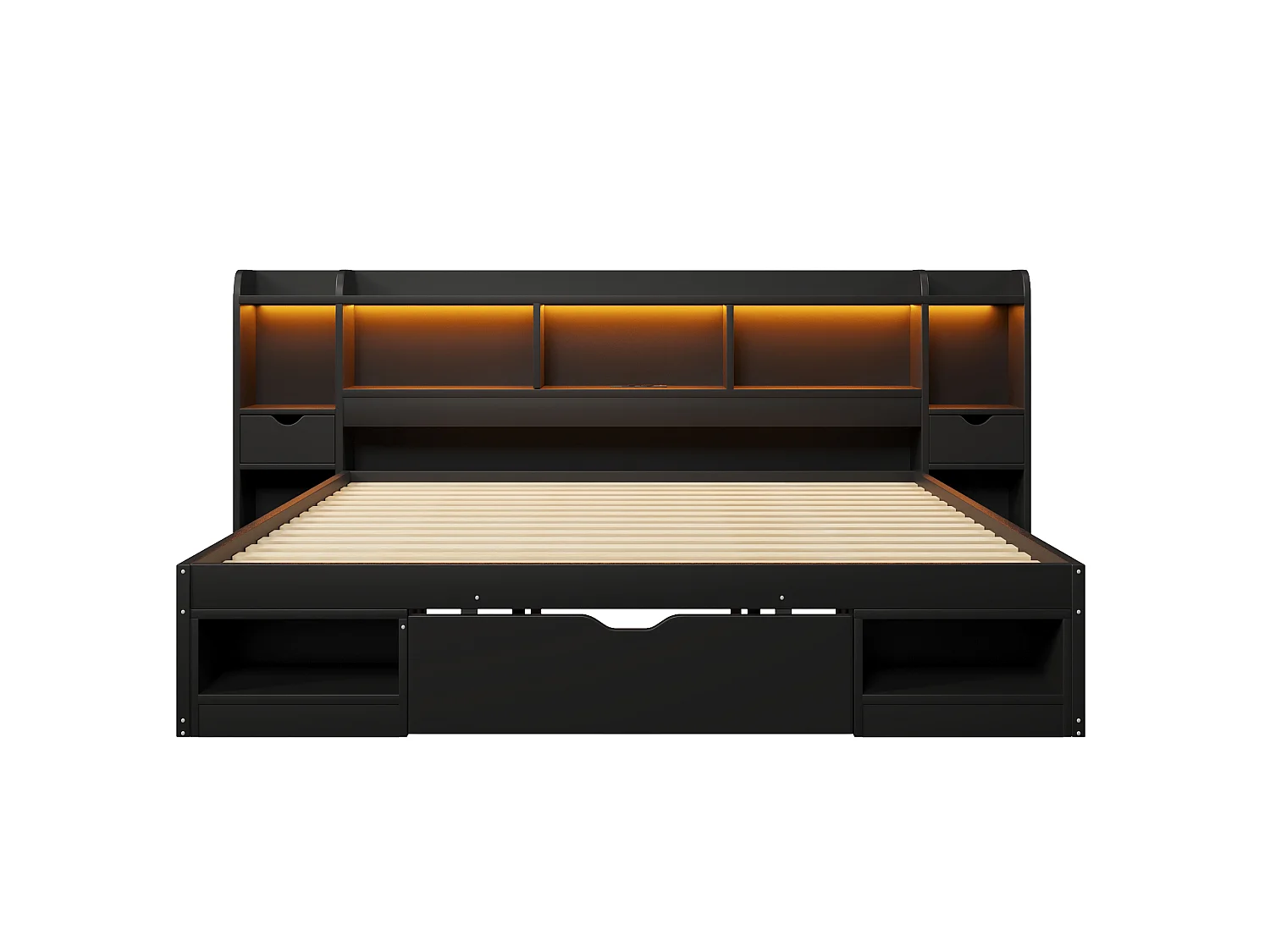 Dubbelsäng 180x200 cm - Sänggavel med förvaring - 3 lådor och förvaringsfack - LED och USB-port - Svart(utan madrass)