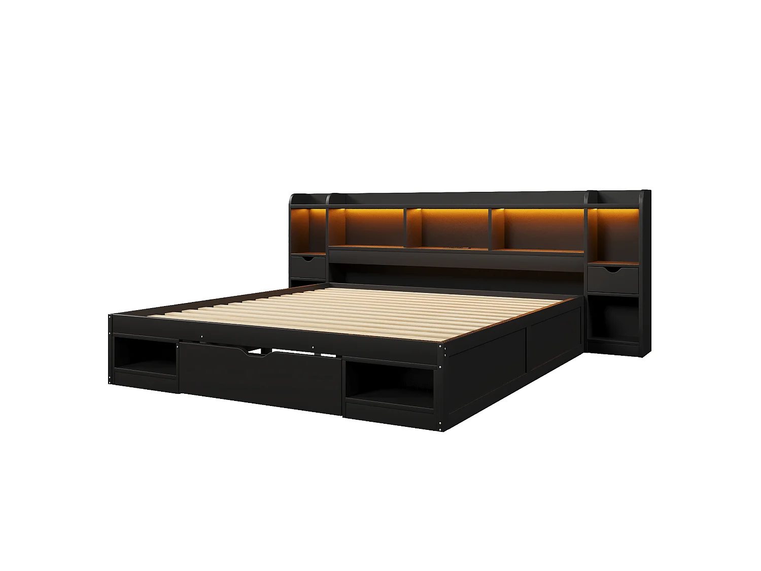 Dubbelsäng 180x200 cm - Sänggavel med förvaring - 3 lådor och förvaringsfack - LED och USB-port - Svart(utan madrass)