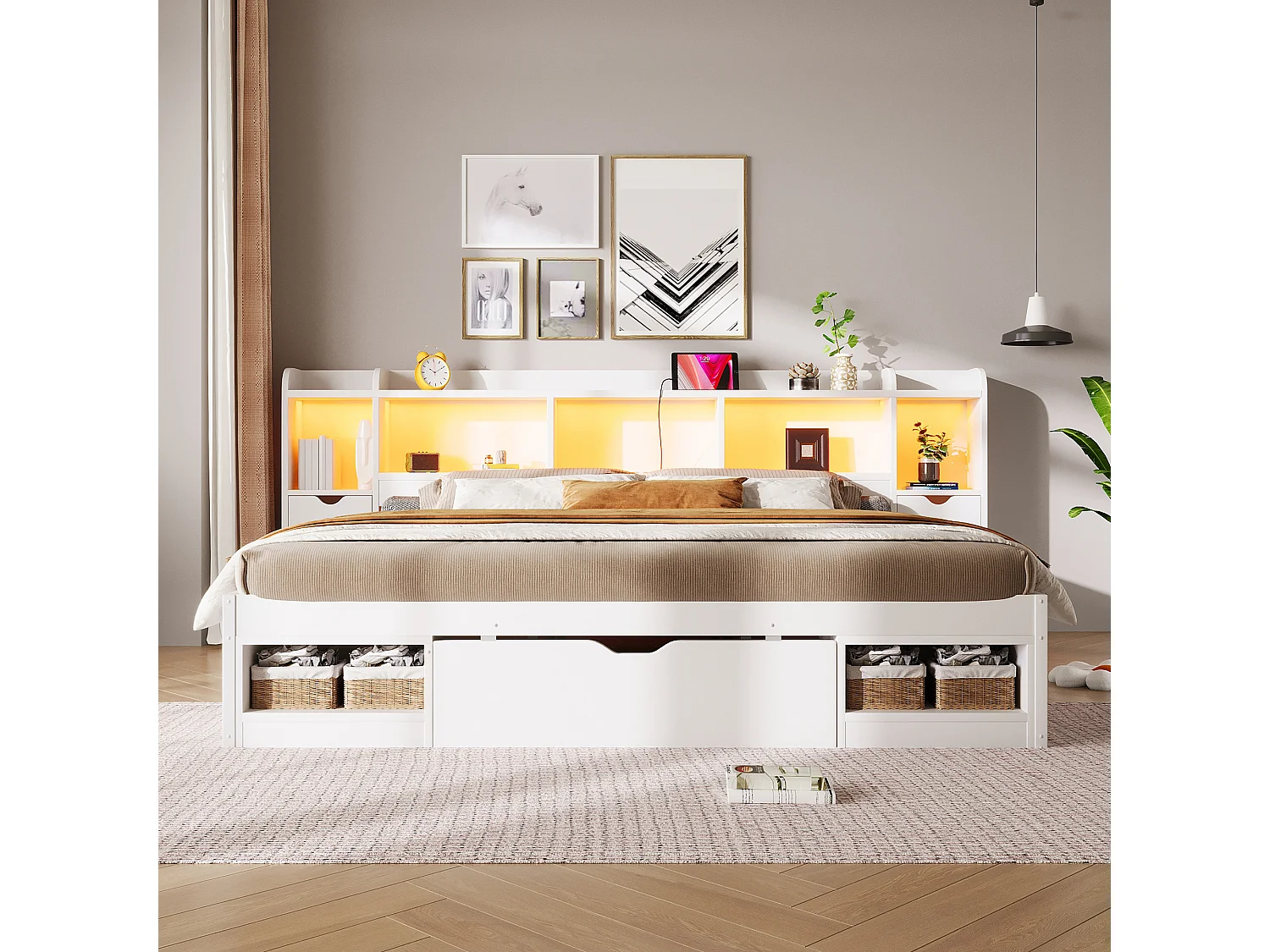 Dubbelsäng 180x200 cm - Sänggavel med förvaring - 3 lådor och förvaringsfack - LED och USB-port - Vit (utan madrass)