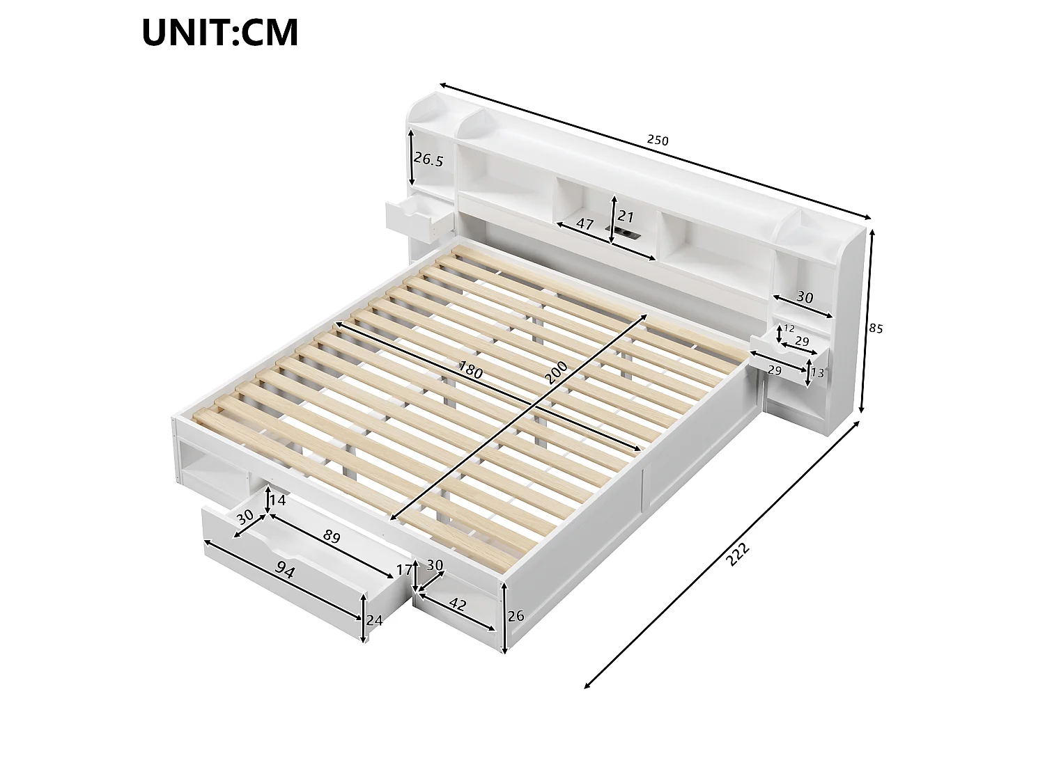Dubbelsäng 180x200 cm - Sänggavel med förvaring - 3 lådor och förvaringsfack - LED och USB-port - Vit (utan madrass)