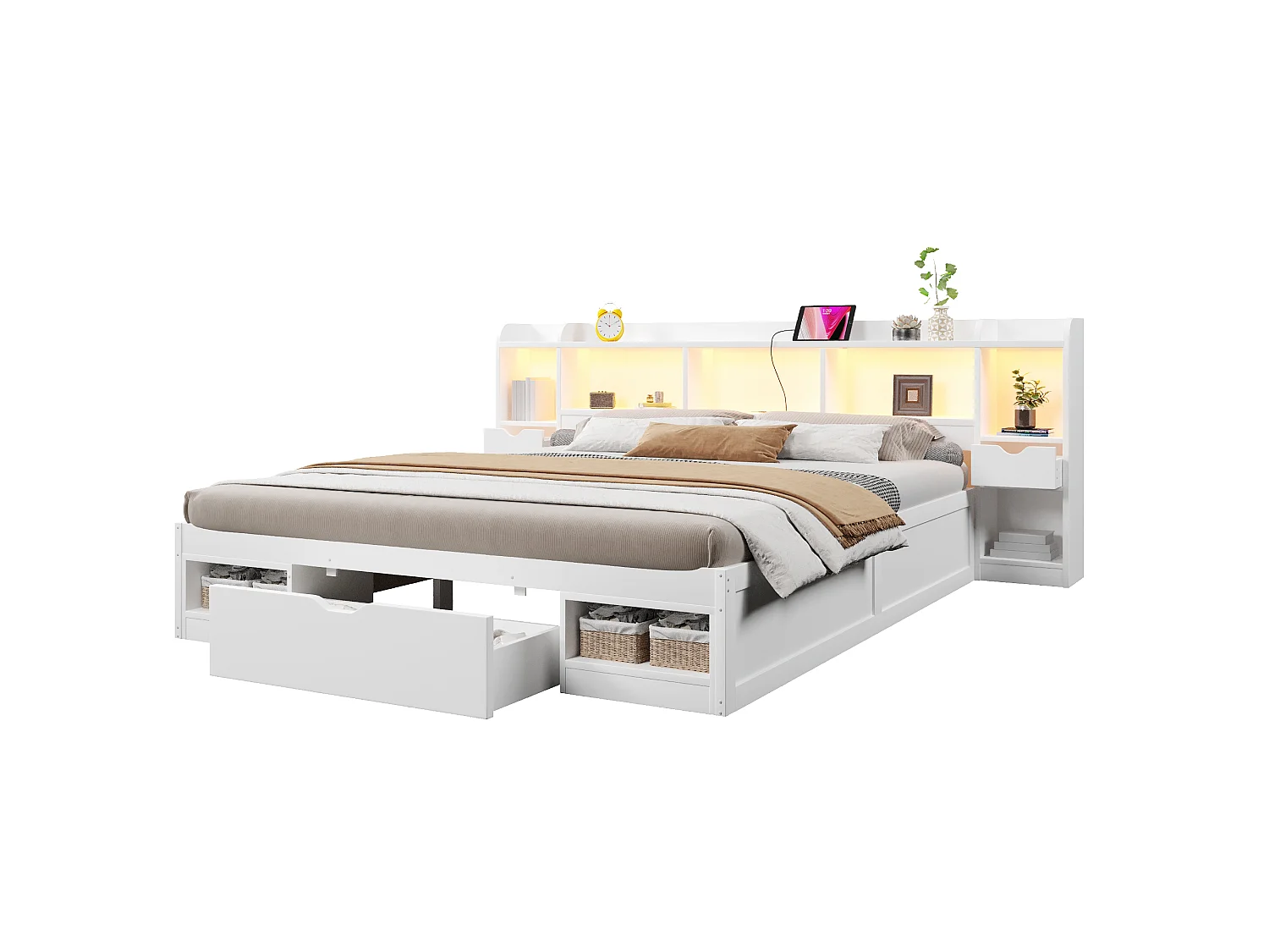 Dubbelsäng 180x200 cm - Sänggavel med förvaring - 3 lådor och förvaringsfack - LED och USB-port - Vit (utan madrass)