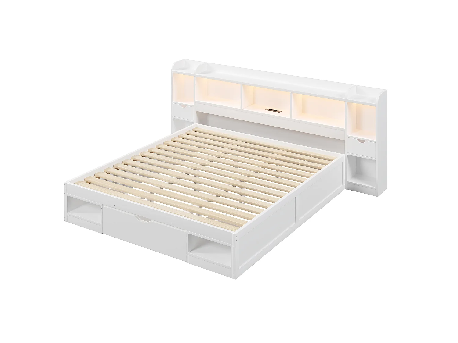 Dubbelsäng 180x200 cm - Sänggavel med förvaring - 3 lådor och förvaringsfack - LED och USB-port - Vit (utan madrass)