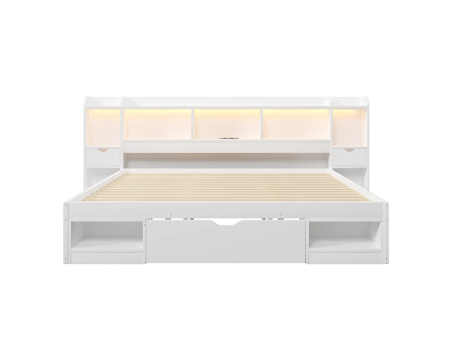 Dubbelsäng 180x200 cm - Sänggavel med förvaring - 3 lådor och förvaringsfack - LED och USB-port - Vit (utan madrass)