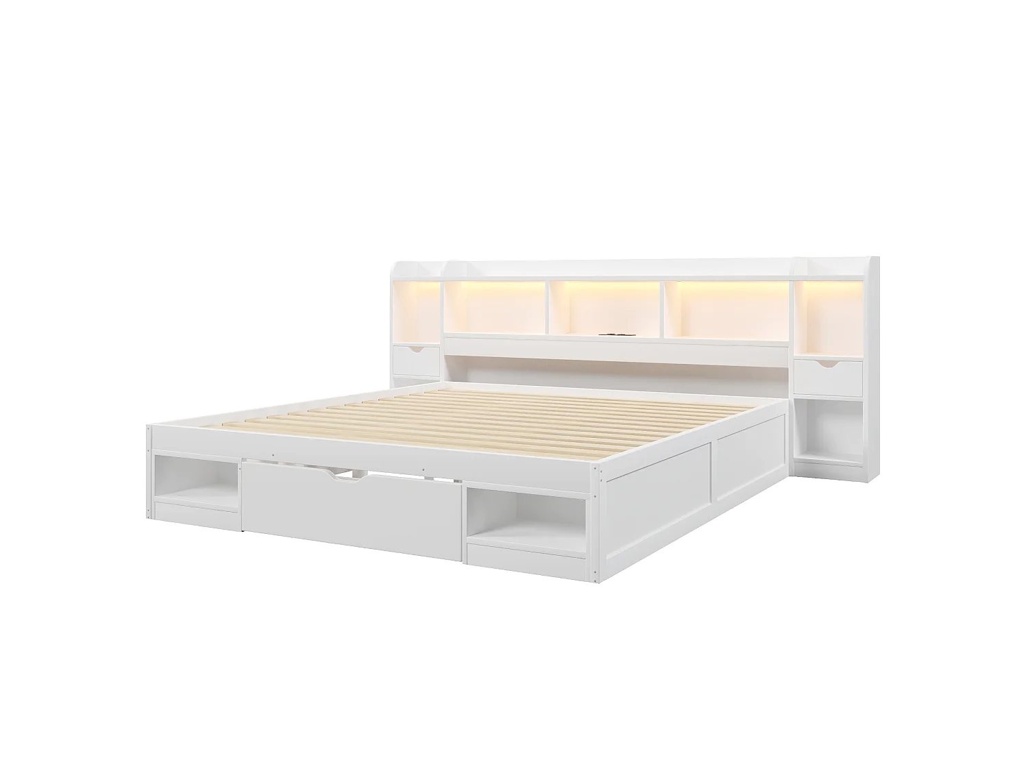 Dubbelsäng 180x200 cm - Sänggavel med förvaring - 3 lådor och förvaringsfack - LED och USB-port - Vit (utan madrass)