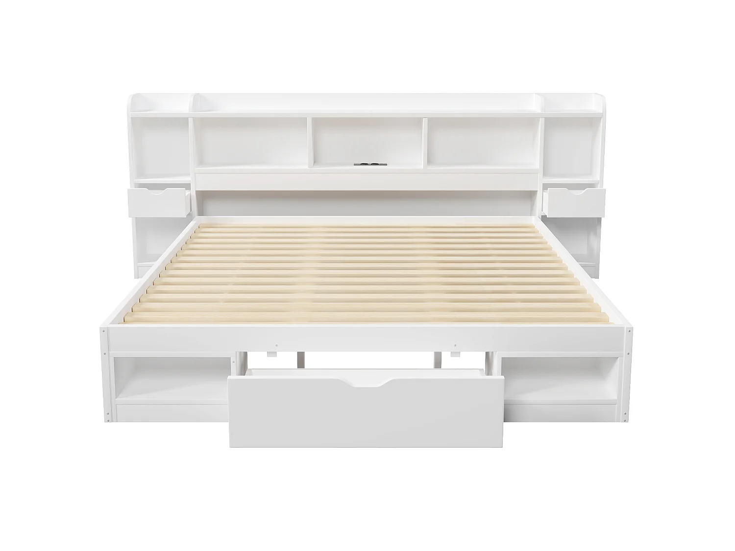 Dubbelsäng 180x200 cm - Sänggavel med förvaring - 3 lådor och förvaringsfack - LED och USB-port - Vit (utan madrass)
