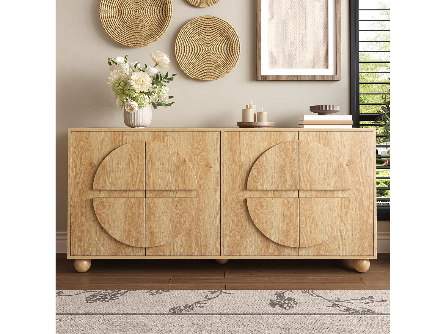 Buffet moderne 160x38x76 cm - 4 portes - Étagères réglables - Pieds en bois massif - MDF - Couleur naturelle
