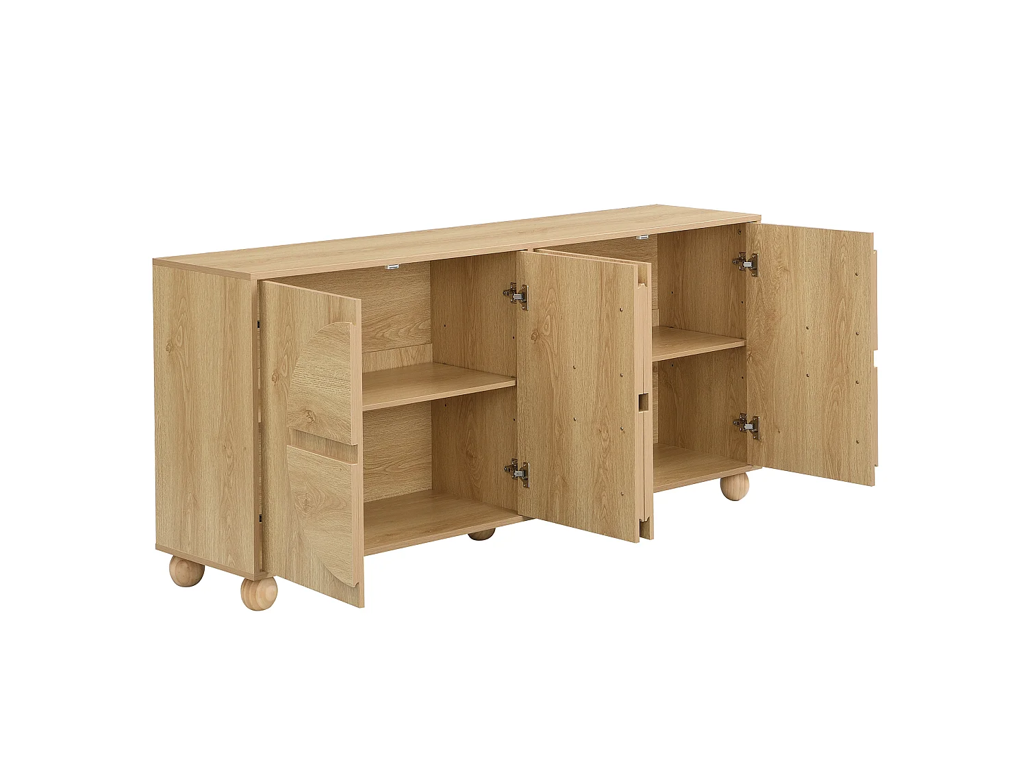Buffet moderne 160x38x76 cm - 4 portes - Étagères réglables - Pieds en bois massif - MDF - Couleur naturelle