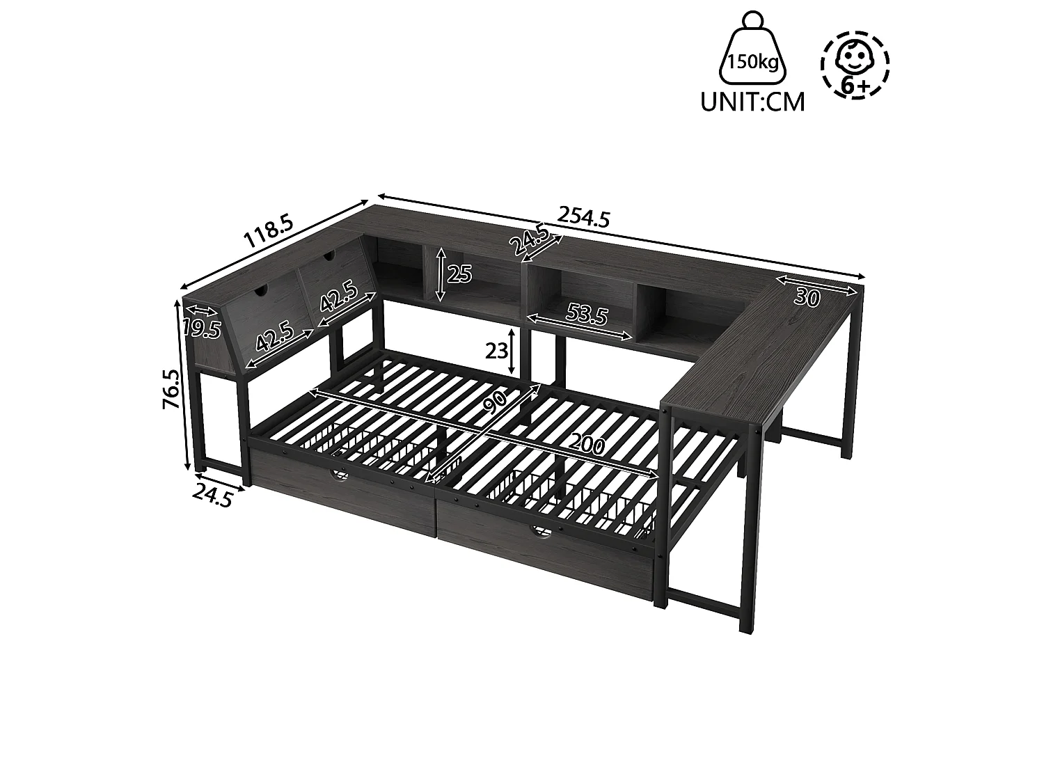 Enkelsäng i metall 90x200 cm - Sänggavel med förvaring, LED-belysning - Skrivbord och 2 lådor - Svart (Madrass ingår ej)