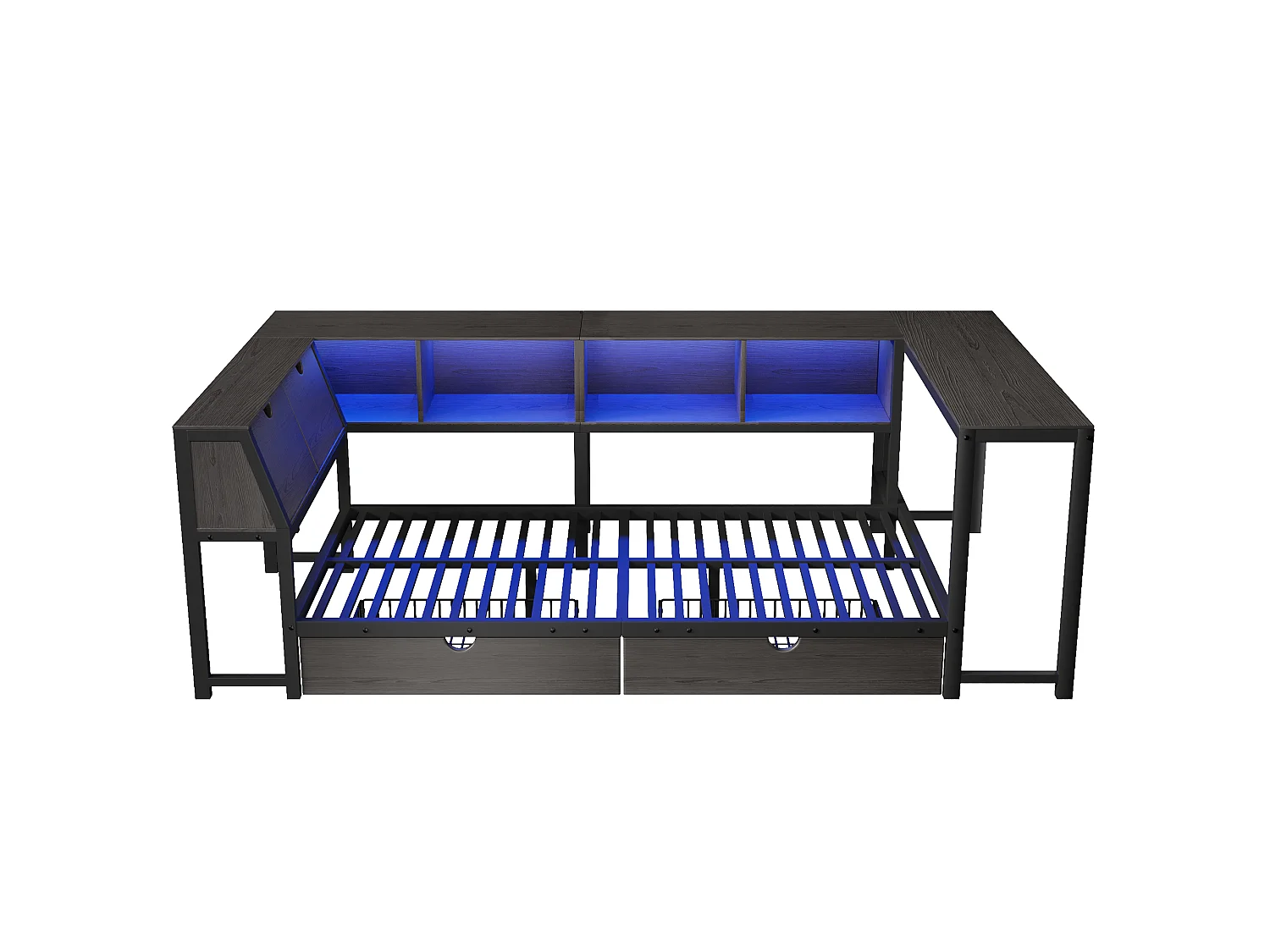 Enkelsäng i metall 90x200 cm - Sänggavel med förvaring, LED-belysning - Skrivbord och 2 lådor - Svart (Madrass ingår ej)