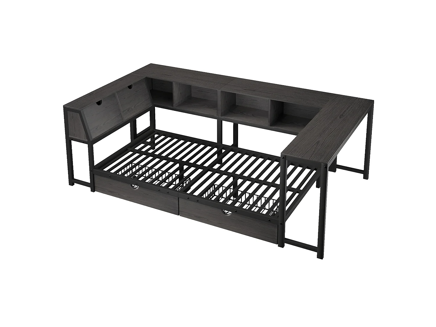 Enkelsäng i metall 90x200 cm - Sänggavel med förvaring, LED-belysning - Skrivbord och 2 lådor - Svart (Madrass ingår ej)