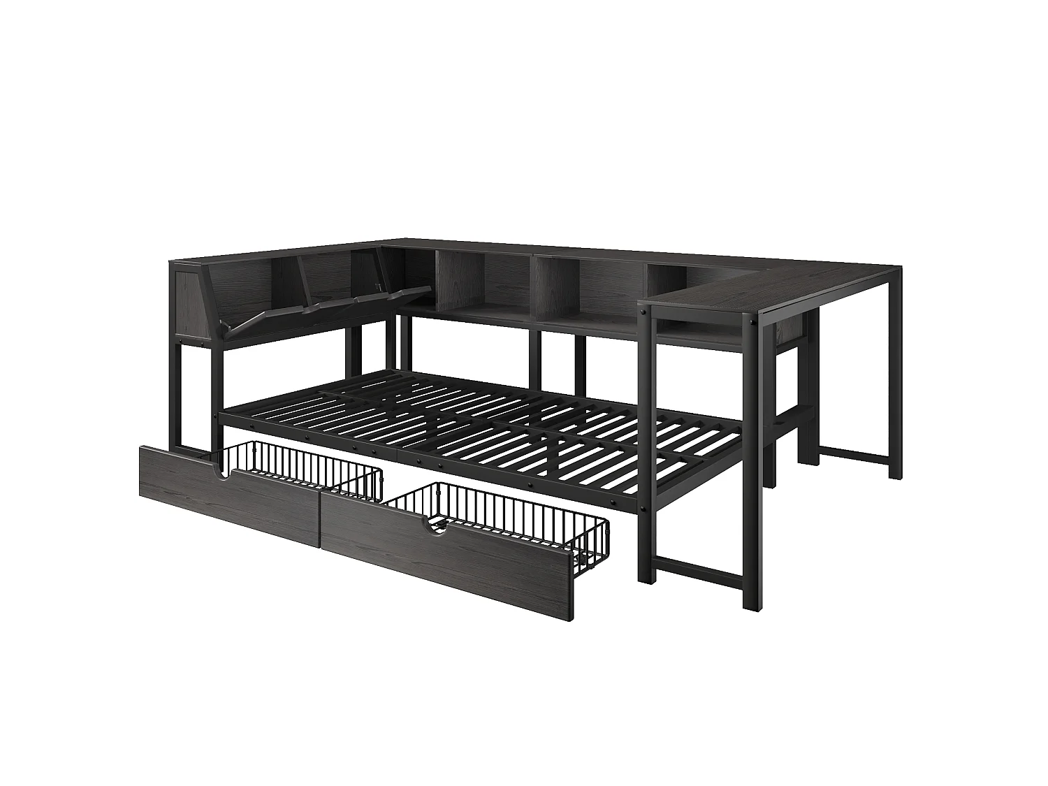 Enkelsäng i metall 90x200 cm - Sänggavel med förvaring, LED-belysning - Skrivbord och 2 lådor - Svart (Madrass ingår ej)
