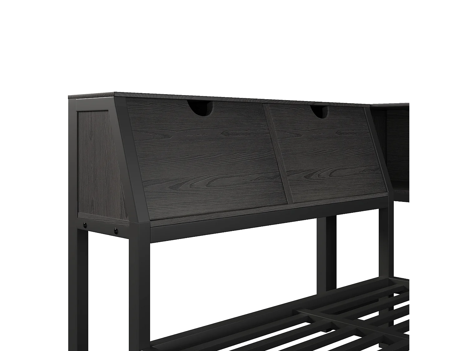 Enkelsäng i metall 90x200 cm - Sänggavel med förvaring, LED-belysning - Skrivbord och 2 lådor - Svart (Madrass ingår ej)