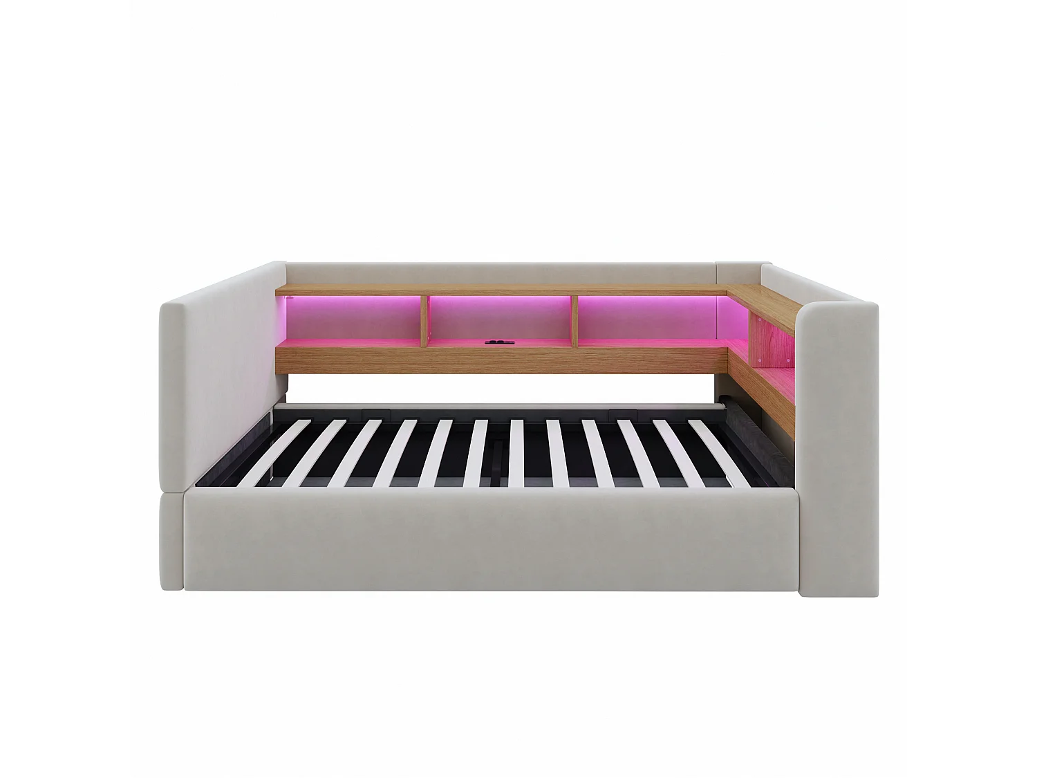 Canapé-lit coffre rembourré 90x190 cm - avec lumière LED - avec prise électrique - avec compartiments de rangement - flanelle - gris clair (matelas non inclus)
