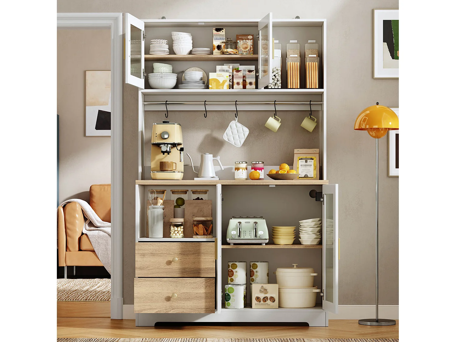 Küchenbuffet 110x40x178cm - mit 4 Türen und 2 Schubladen - mit LED-Beleuchtung - mit Steckdose - Weiß