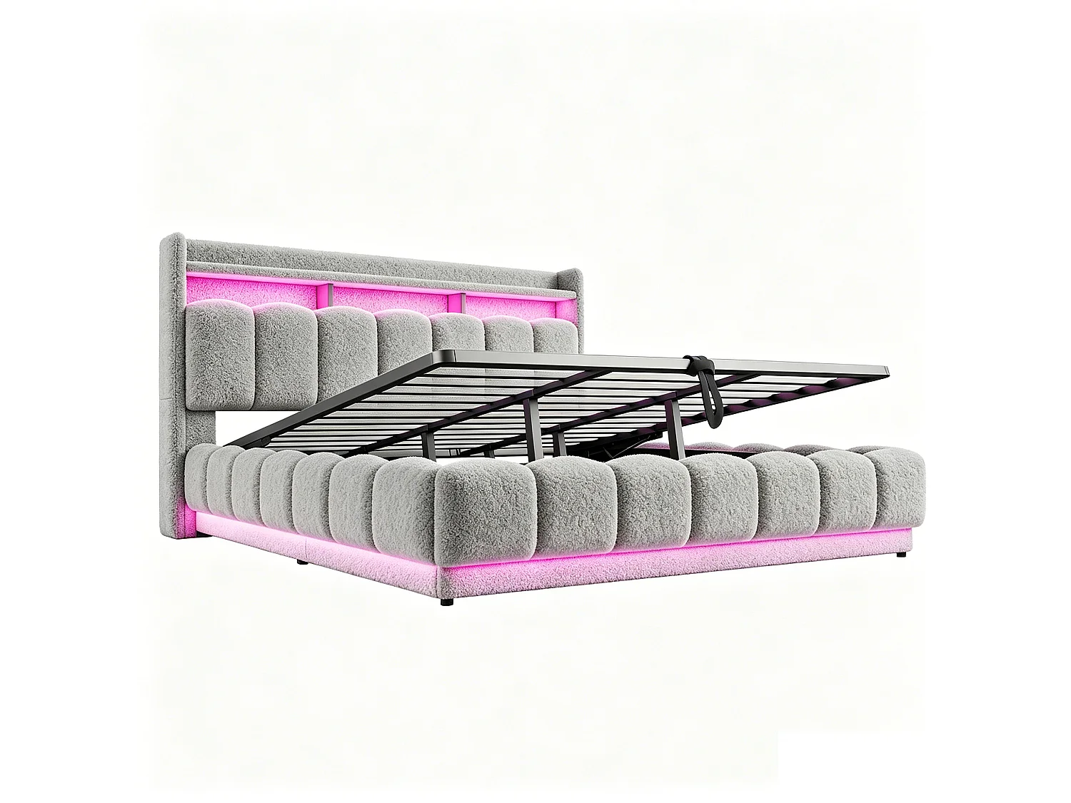 Säng med stoppad gavel 180x200 cm - med LED-ljus - med USB-port - Grå (madrass ingår ej)