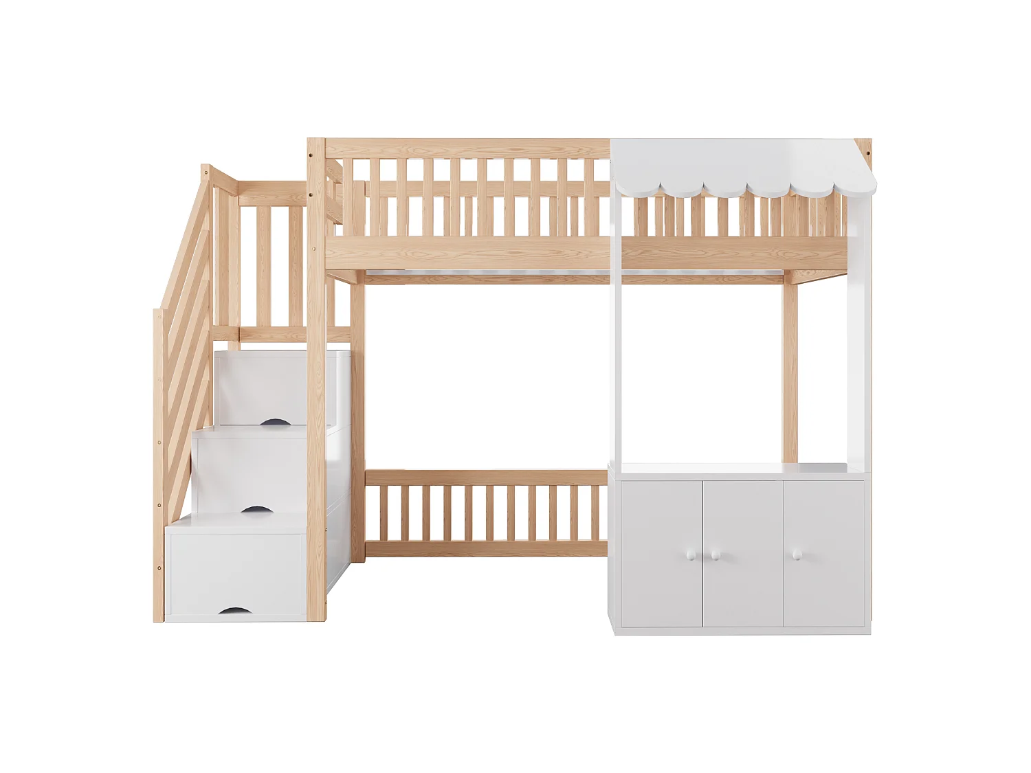 Lit mezzanine en bois 90x200cm - Avec armoire - Avec échelle de rangement - Avec éclairage LED - Sommier à lattes - Naturel (Matelas non inclus)