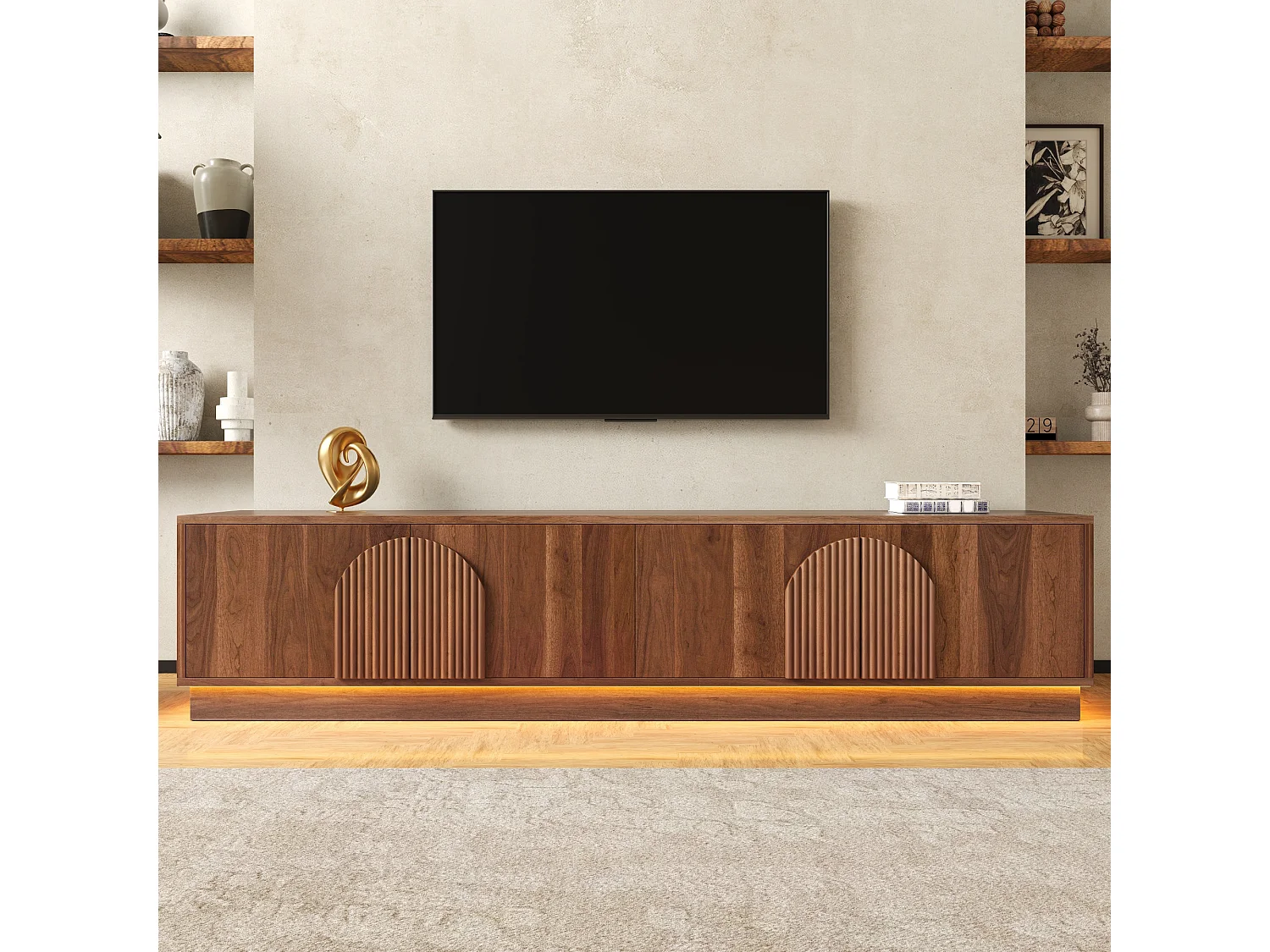 Möbel-TV 180x40x44,5 cm - LED-belysning - 4 infällda välvda dörrar - Imitation träfinish - MDF - Brun