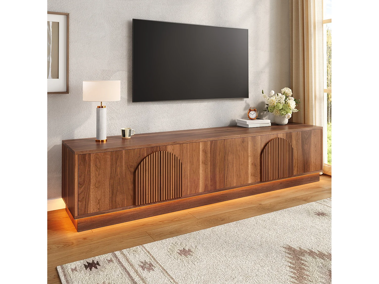 Möbel-TV 180x40x44,5 cm - LED-belysning - 4 infällda välvda dörrar - Imitation träfinish - MDF - Brun