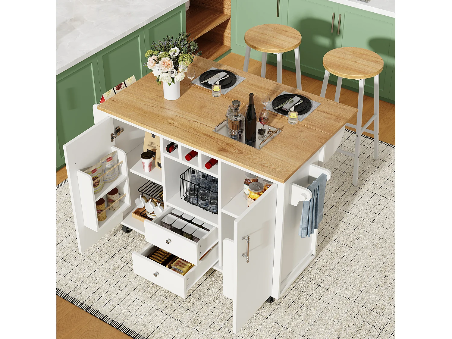 Tabouret de Bar pour Îlot de Cuisine - Lot de 2, 63cm, Structure Métal Blanc, Assise Aspect Bois, Repose-Pieds, Pieds Réglables - Blanc & Bois