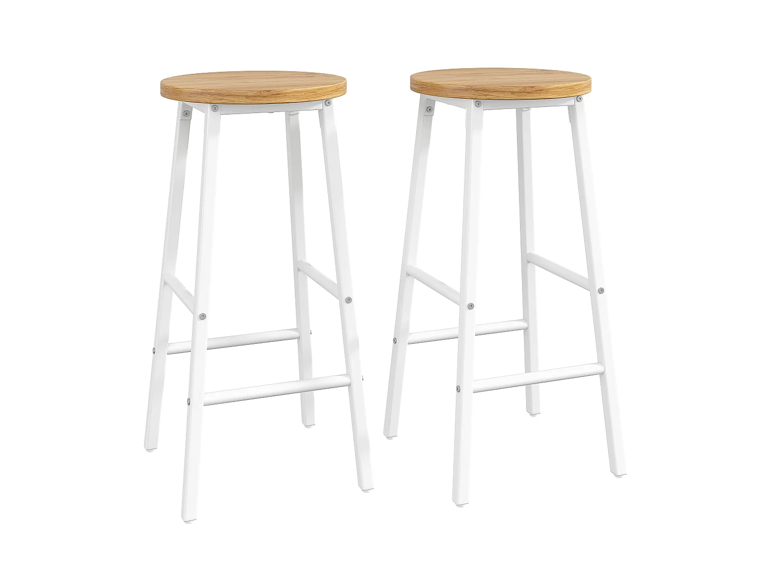Tabouret de Bar pour Îlot de Cuisine - Lot de 2, 63cm, Structure Métal Blanc, Assise Aspect Bois, Repose-Pieds, Pieds Réglables - Blanc & Bois