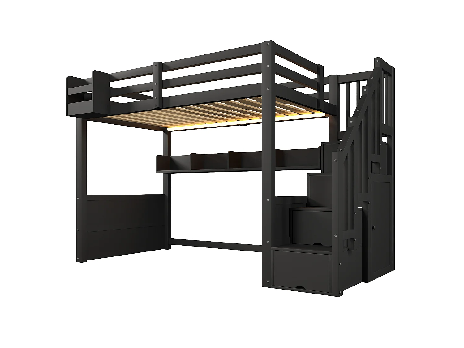 Lit mezzanine en bois 90x200 cm - avec échelle de rangement et penderie - Éclairage LED - Barrière de sécurité - Noir(sans matelas)