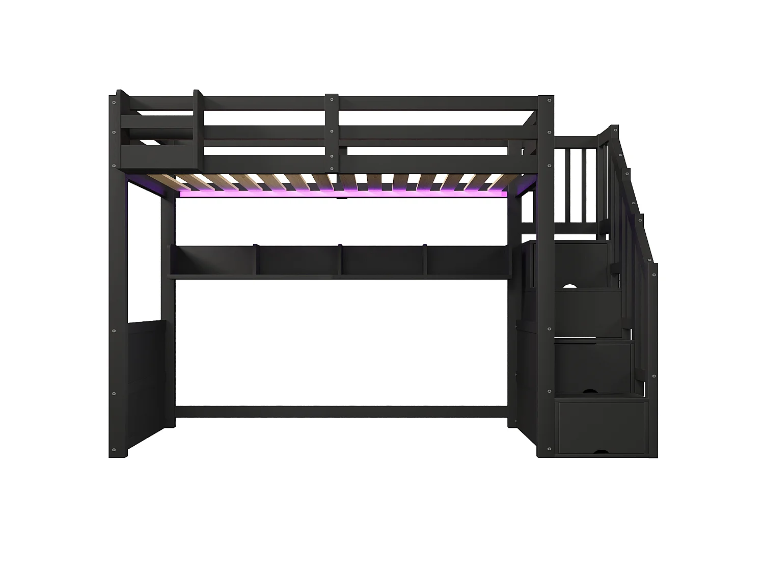 Lit mezzanine en bois 90x200 cm - avec échelle de rangement et penderie - Éclairage LED - Barrière de sécurité - Noir(sans matelas)