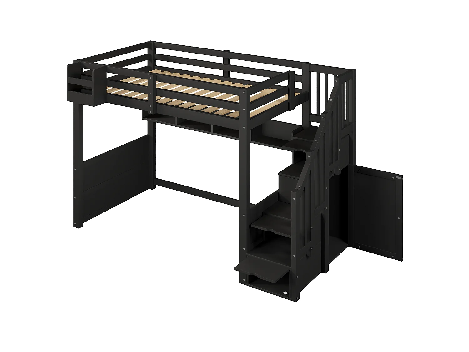 Lit mezzanine en bois 90x200 cm - avec échelle de rangement et penderie - Éclairage LED - Barrière de sécurité - Noir(sans matelas)