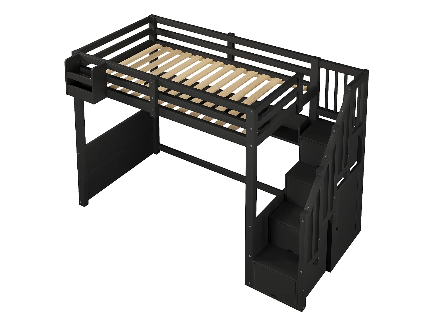 Lit mezzanine en bois 90x200 cm - avec échelle de rangement et penderie - Éclairage LED - Barrière de sécurité - Noir(sans matelas)