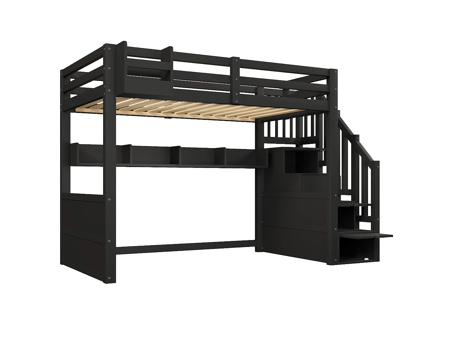 Lit mezzanine en bois 90x200 cm - avec échelle de rangement et penderie - Éclairage LED - Barrière de sécurité - Noir(sans matelas)
