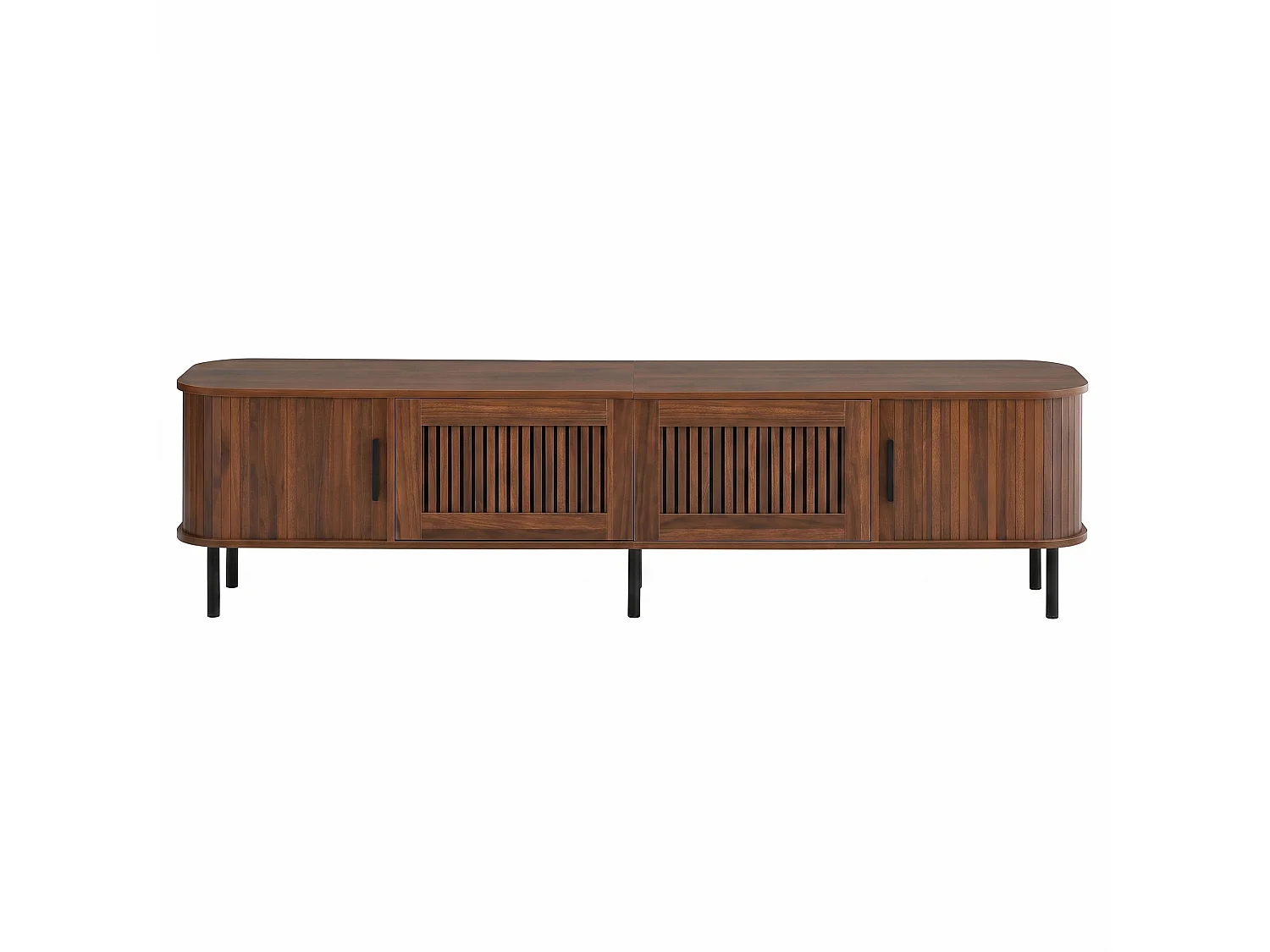 Eck-TV-Möbel abgerundet 180x40x44,5 cm - 2 Schubladen aus Mesh und 2 Schiebetüren - LED-Beleuchtung - MDF - Braun