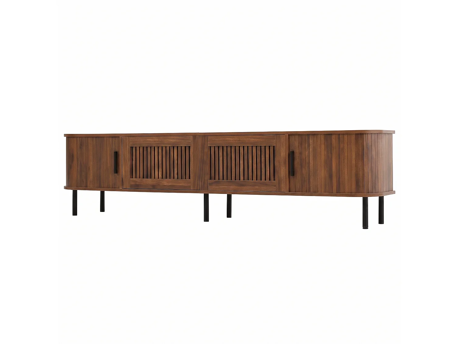 Eck-TV-Möbel abgerundet 180x40x44,5 cm - 2 Schubladen aus Mesh und 2 Schiebetüren - LED-Beleuchtung - MDF - Braun