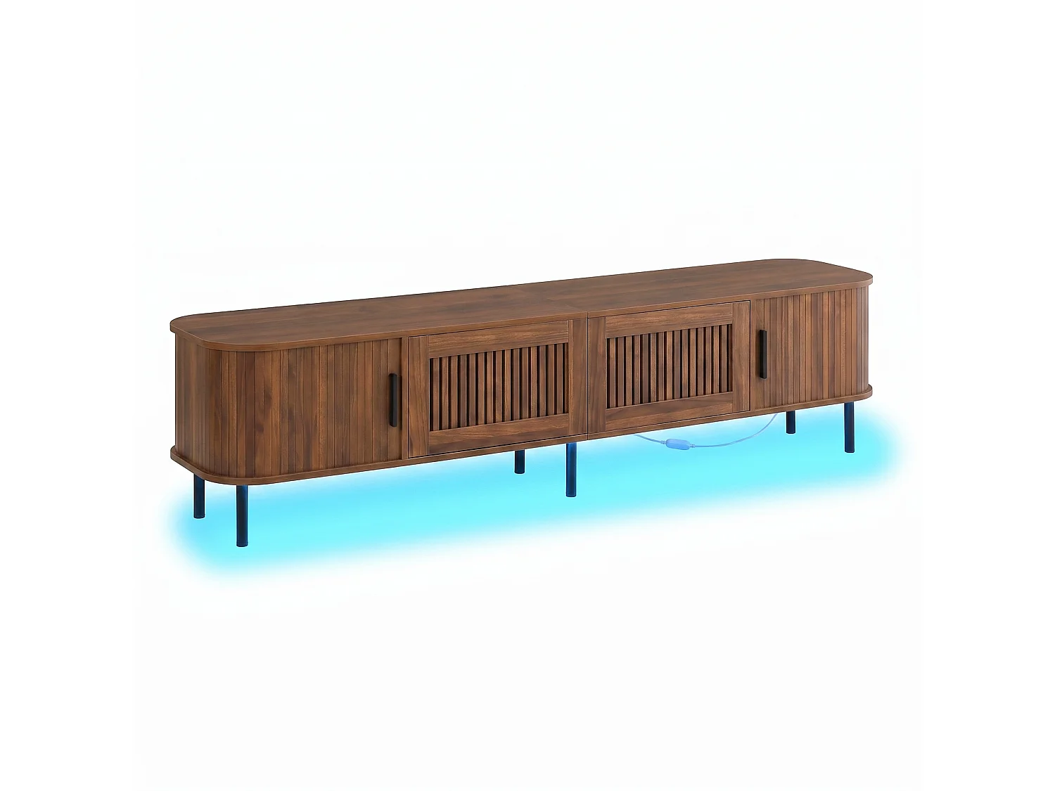 Eck-TV-Möbel abgerundet 180x40x44,5 cm - 2 Schubladen aus Mesh und 2 Schiebetüren - LED-Beleuchtung - MDF - Braun