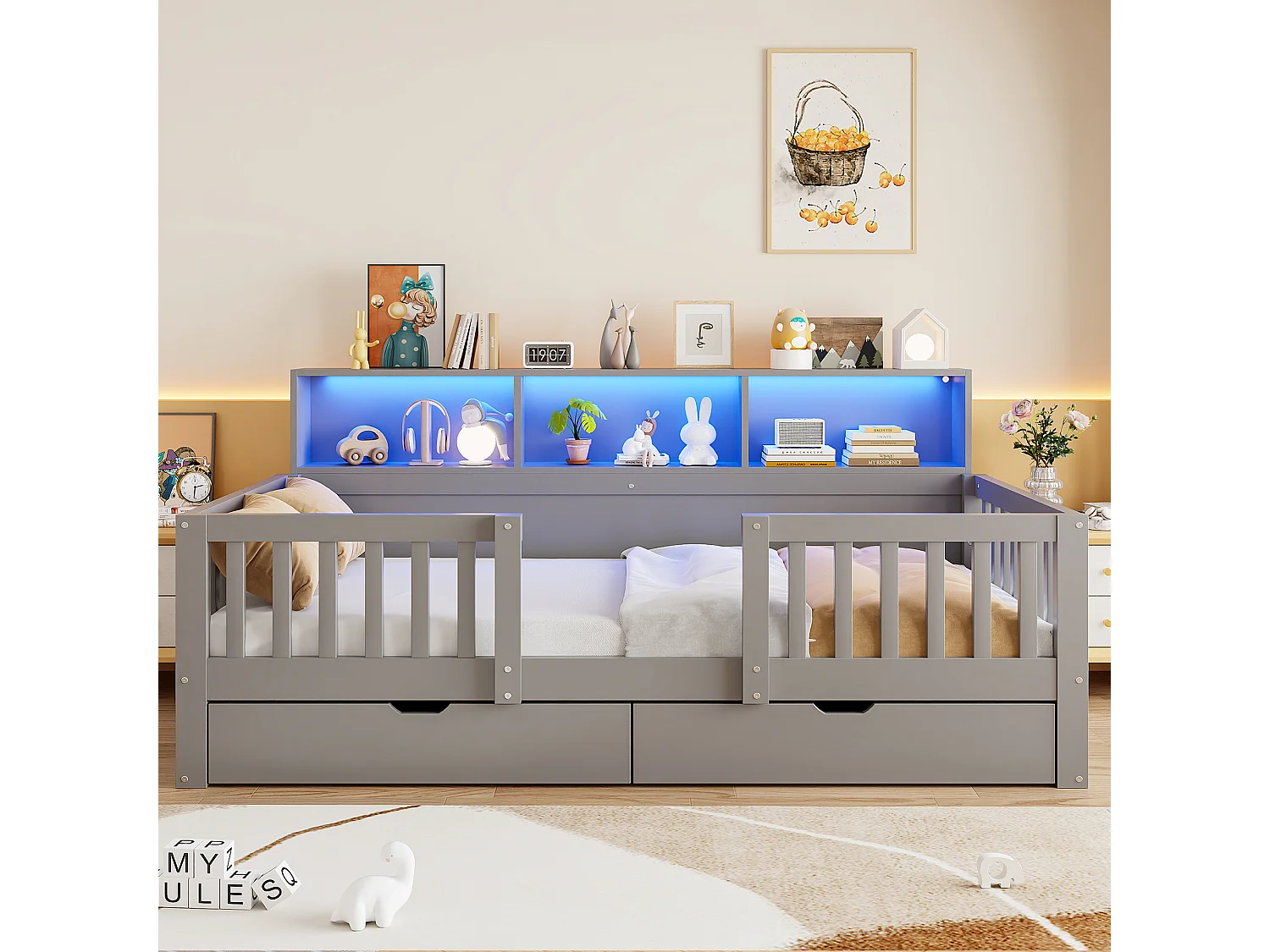 Barnsäng 90 x 200 cm – med säkerhetsbarriärer – med 2 lådor – med hyllor – med LED-belysning – grå (madrass ingår ej)
