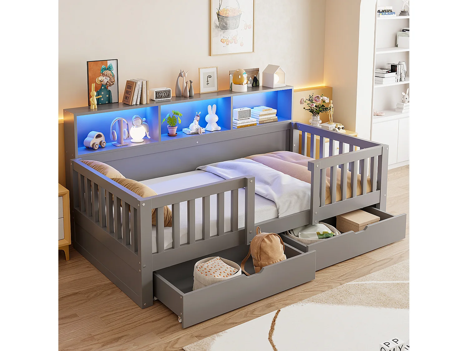 Barnsäng 90 x 200 cm – med säkerhetsbarriärer – med 2 lådor – med hyllor – med LED-belysning – grå (madrass ingår ej)