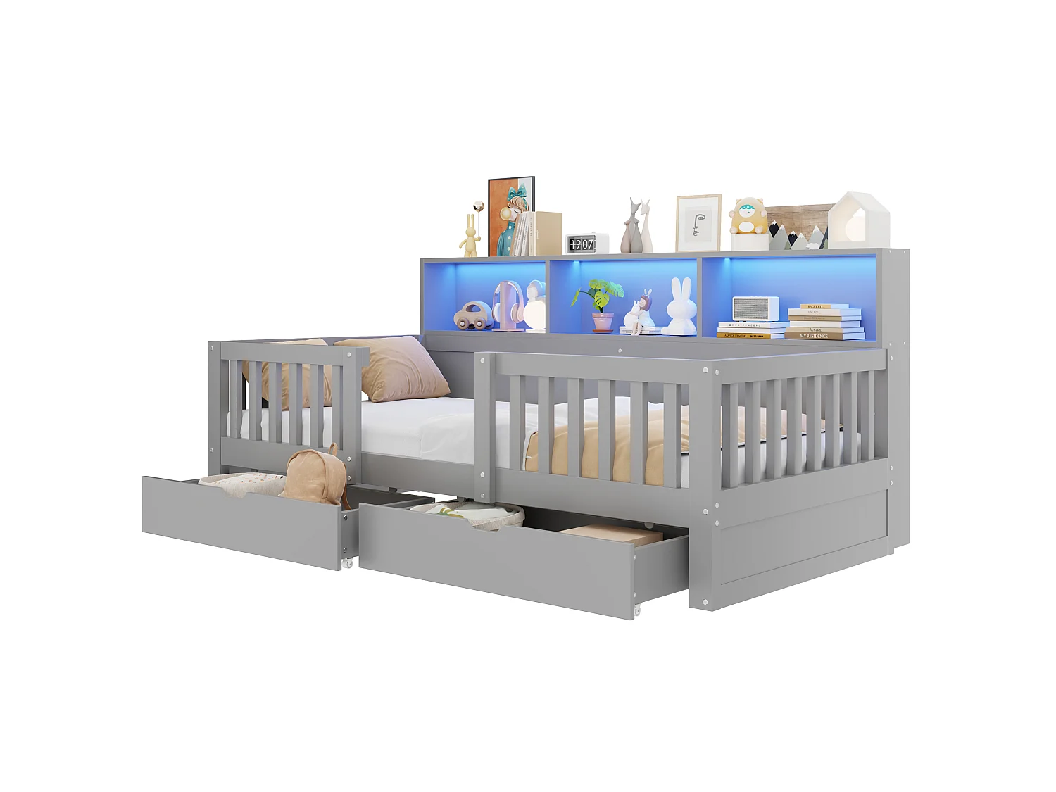 Barnsäng 90 x 200 cm – med säkerhetsbarriärer – med 2 lådor – med hyllor – med LED-belysning – grå (madrass ingår ej)